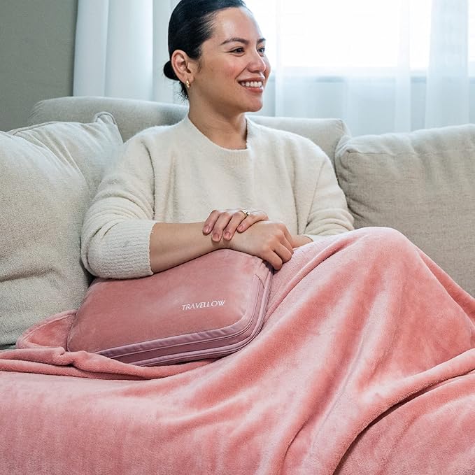 Travel Pillow and Blanket Set - 4-in-1 Ultimate Travel Kit with Memory Foam Pillow, Travel Blanket, Sleep Mask, and Earplugs-Ultimate Comfort and Coziness for Your Journeys - Pink