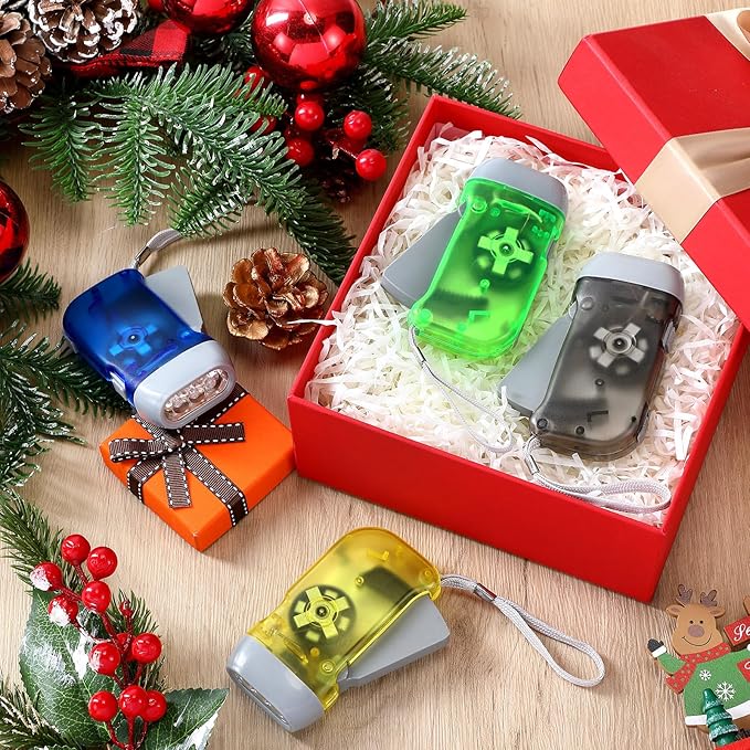 Retisee 48 Pcs Hand Crank Flashlight No Battery Required Torch Light Manual Press Flashlight 3 LED Squeeze Torch Light for Shoeboxes Camping Hiking(Green, Blue, Yellow, Gray)