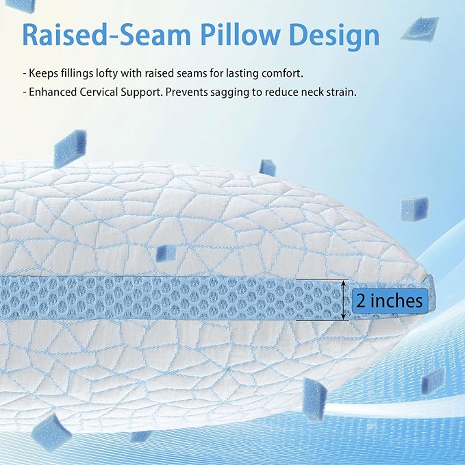 Shredded Memory Foam Pillow, Bed Pillows for Sleeping on Back, Stomach and Side Sleeper, Adjustable Pillows with Washable Cover (King - 2 Packs)