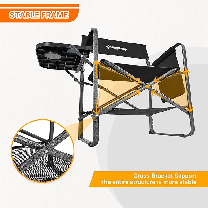KingCamp Premium Extra Heavy Duty Wide Camping Directors Chairs Supports 300lbs for Adults, Padded Folding Portable Camping Chair with Side Table Storage Pockets Carry Straps, Black