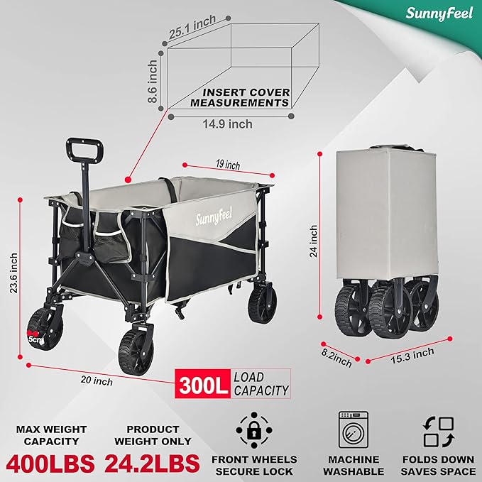SunnyFeel Heavy Duty Collapsible Outdoor Utility Wagon Cart 400LB Capacity Adjustable Handlebar,Foldable Beach Wheels Stable Durable Oxford Fabric for Shopping Garden Camping (Black & Grey)