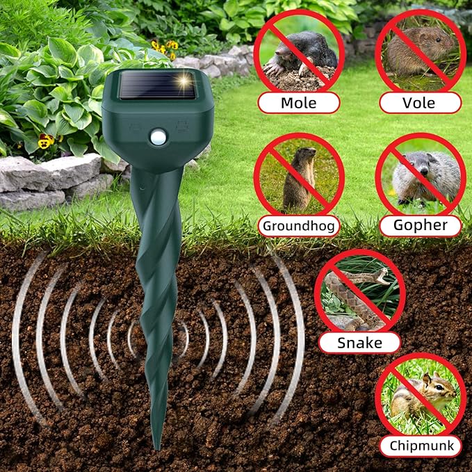 Mole Repellent Solar Powered, 4 Pack Snake Repellent for Yard, Waterproof Ultrasonic Deterrent Stakes, Get Rid for Rabbit, Gopher, Vole, Skunk, Chipmunk, Deer, Groundhog Sonic Spikes for Lawns Garden