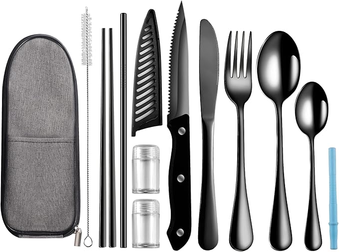 Travel Utensils with Case,Reusable Utensils,Portable Travel Camping Cutlery Set,Stainless Steel Flatware Set,Lunch Boxes Workplace Camping School Picnic (Black)