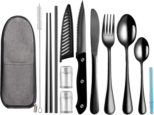 Travel Utensils with Case,Reusable Utensils,Portable Travel Camping Cutlery Set,Stainless Steel Flatware Set,Lunch Boxes Workplace Camping School Picnic (Black)