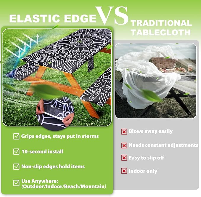 Picnic Table Cover with Bench Covers Vinyl Elastic Edges Fitted Rectangle Tables Seat Waterproof 3-Piece 96X30in Set Outdoor Rectangular Folding Backing Tablecloth Camping Over Size BlackMandala