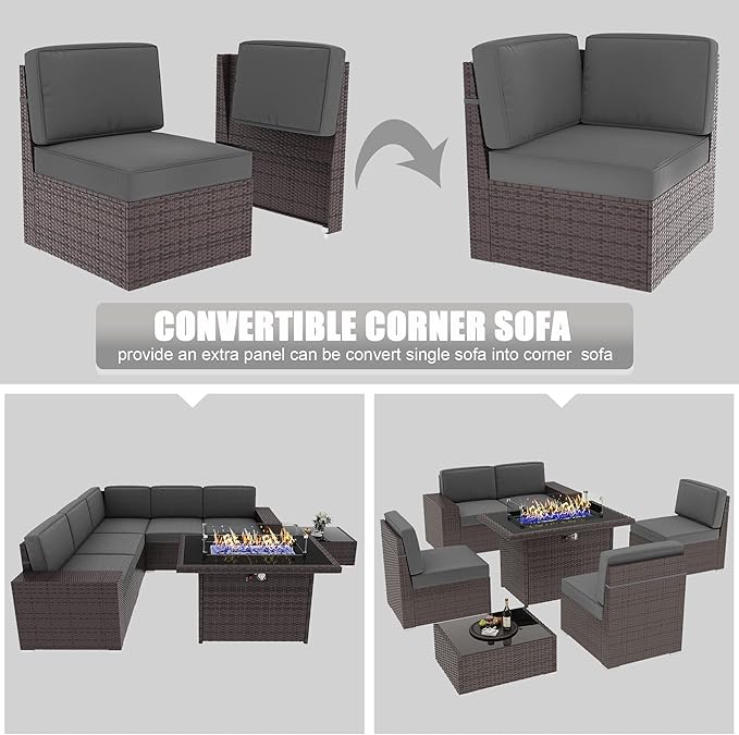 LayinSun 7 Pieces Outdoor Patio Furniture Set with 44" Fire Pit Table Brown Rattan Sectional Sofa Conversation Sets