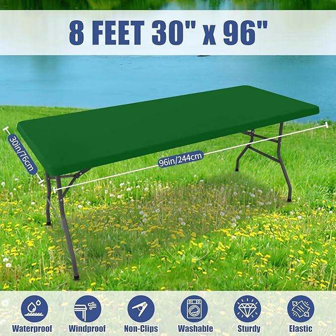 Spandex 8 Foot Rectangle Table Cloth 2 Pack, Elastic Fitted Tablecloths for Picnic, Stretch Washable Patio Table Cover for Outdoor, Camping, Banquet and Parties (Emerald Green, 30"x96")