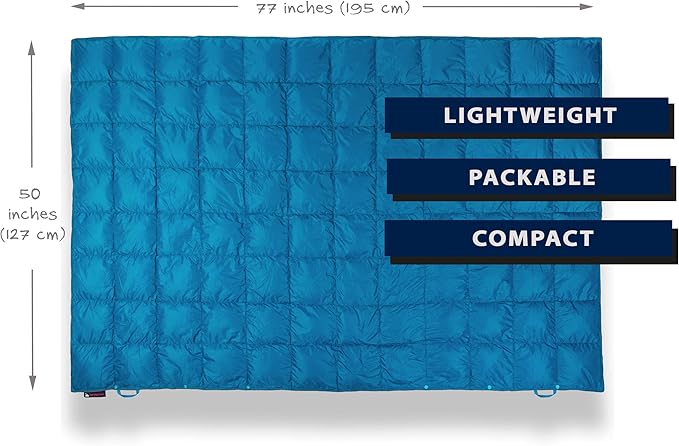 Down Camping Blanket - Puffy, Packable, Lightweight and Warm | Ideal for Outdoors, Travel, Stadium, Festivals, Beach, Hammock | 650 Fill Power Water-Resistant Backpacking Quilt
