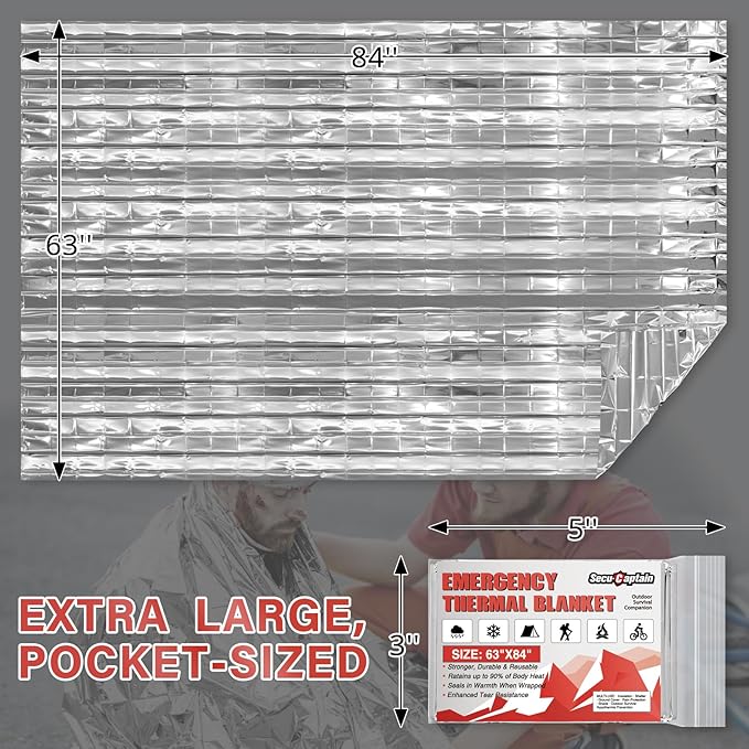 SecuCaptain Survival Emergency Thermal Blankets: Extra Large 84” x63” Space Mylar Blanket Kit for Outdoor Cold Winter Camping Hiking Car Bug Out Bag or First Aid - 10 Pack