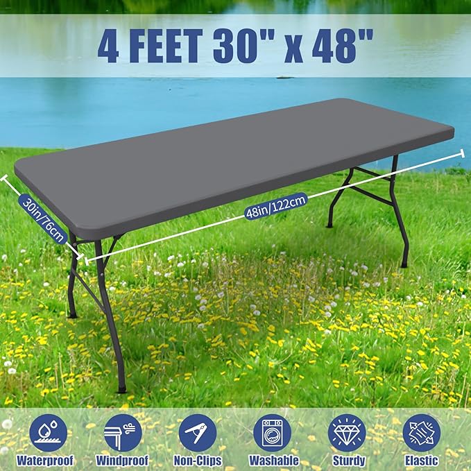 Spandex Picnic Table Cloth 2 Pack, Elastic Fitted Tablecloths for 4 Foot Rectangle Tables, Stretch Washable Patio Table Cover for Outdoor, Camping, Banquet and Parties (Grey, 30"x48")