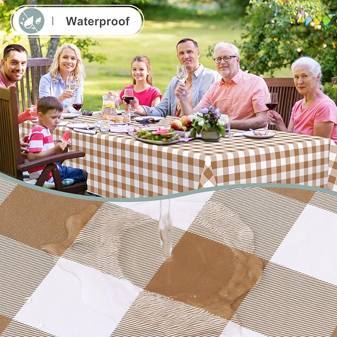 misaya Rectangle Waterproof Vinyl Table Cloth, Buffalo Flannel Backed Tablecloth, Wipeable Plastic Table Cover for Dinner, Kitchen, Outdoor (60" x 84", Brown and White)