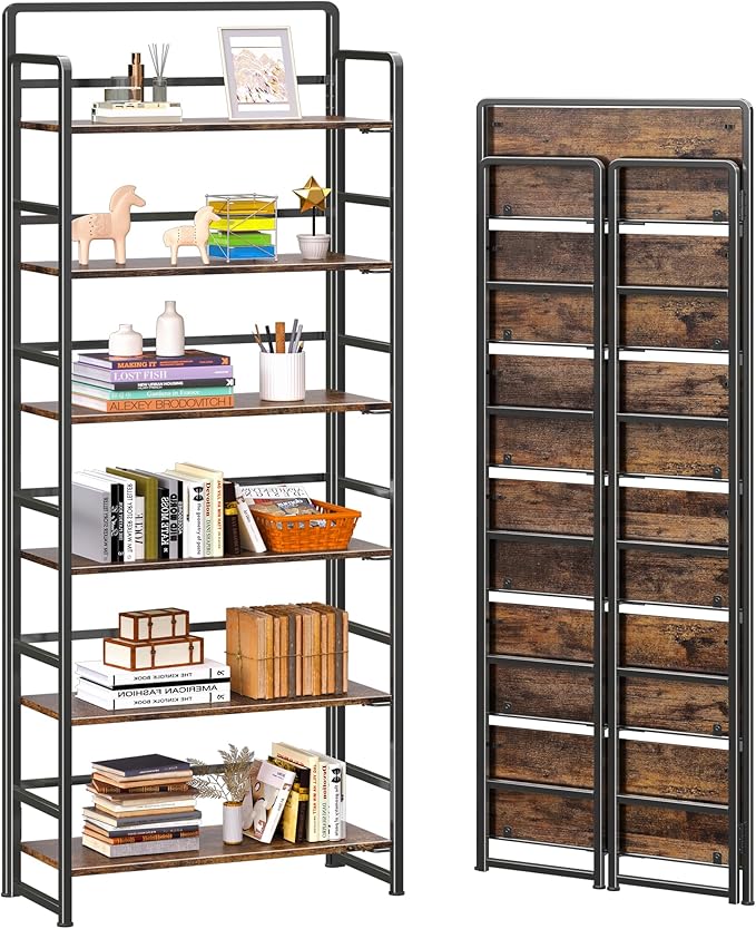4NM No-Assembly 6 Tiers Folding Bookshelf Storage Shelves Vintage Bookcase Standing Racks Study Organizer Home Office (Rustic Brown Black)