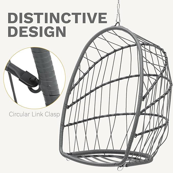 DWVO Egg Chair with Stand, Hanging Outdoor Rattan Wicker Patio Hammock Indoor Egg Chair with Cushion, Hanging Swing Chair 300lbs for Porch, Garden, Bedroom, Balcony, Gray