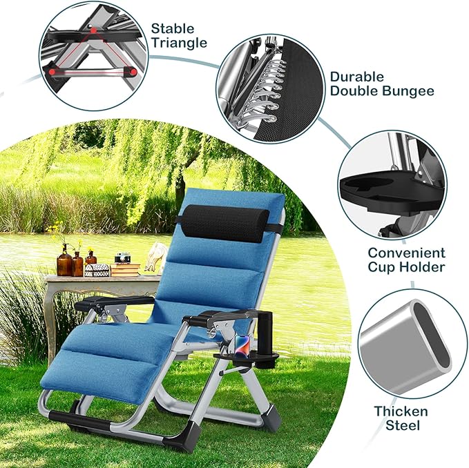 NAIZEA Padded Zero Gravity Chair, Folding Outdoor Lounge Chairs, Adjustable Reclining Camping Chairs with Cup Holder, Ergonomic Patio Lawn Chair for Balcony Beach Deck Yard