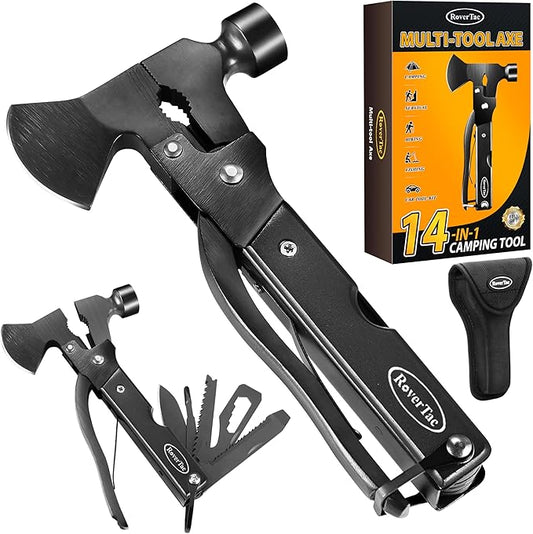 RoverTac 14-in-1 Multitool Camping Axe – Multi Tool with Knife, Hammer, Saw, Screwdrivers, Bottle Opener – Camping Tool with Sheath – Tool Gifts for Men, Dad, Husband, and Outdoor Enthusiasts.