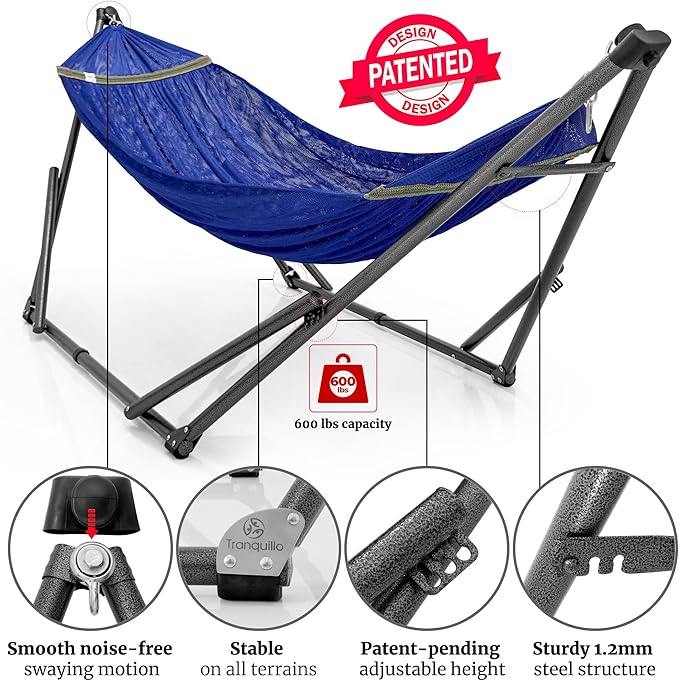 Tranquillo Combo x2 Hammocks with Stand for Outside & Tree Straps, Heavy Duty Hammock with Stand 600lbs for Indoor Outdoor Patio Backyard, x2 Hammocks for 2 Person, Portable Carrying Bags, Blue