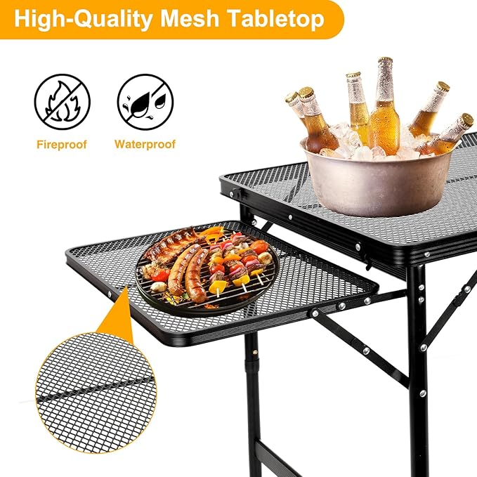 Grill Table Folding Table with 2 Wing Panels 4FT+1.77 FT with with 1×2/5 L Storage Bag Mesh Desktop 3 Height Adjustable Portable Grill for Outdoor Indoor Beach BBQ Picnic Travel RV Black