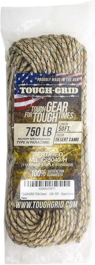 TOUGH-GRID Paracord Rope 750 lbs Nylon Parachute Cord, Made in USA Survival Kit, Outdoor Adventures, Camping, Tactical Gear & Emergency Supplies, Military Type IV Mil-Spec