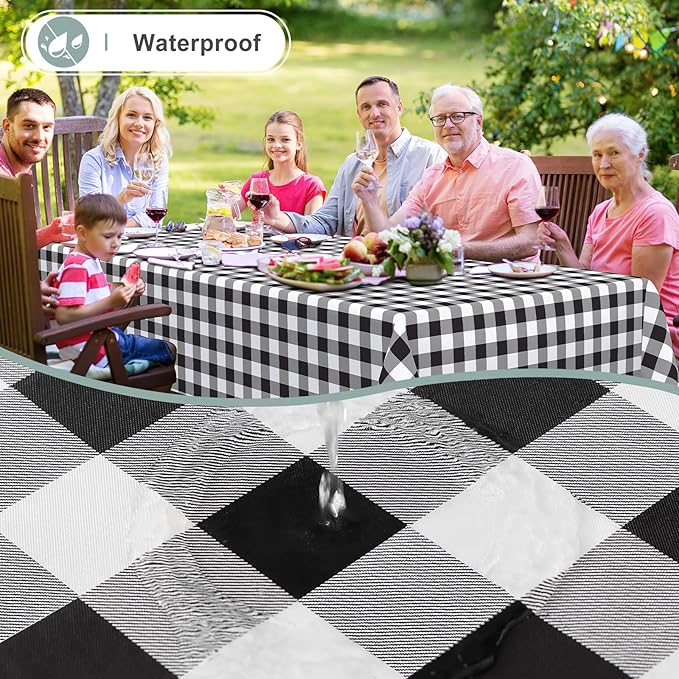 misaya Rectangle Waterproof Vinyl Table Cloth, Buffalo Flannel Backed Tablecloth, Wipeable Plastic Table Cover for Dinner, Kitchen, Outdoor (54" x 78", Black and White)