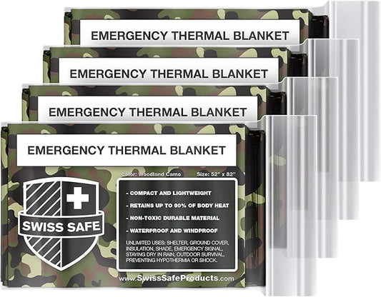 Swiss Safe 4 Pack Mylar Emergency Blankets for Survival - Compact & Insulated for Cold Weather - Designed for NASA, Outdoor, Running, Camping, Survival, First Aid Car Kit - Woodland Camo, 4 Pack