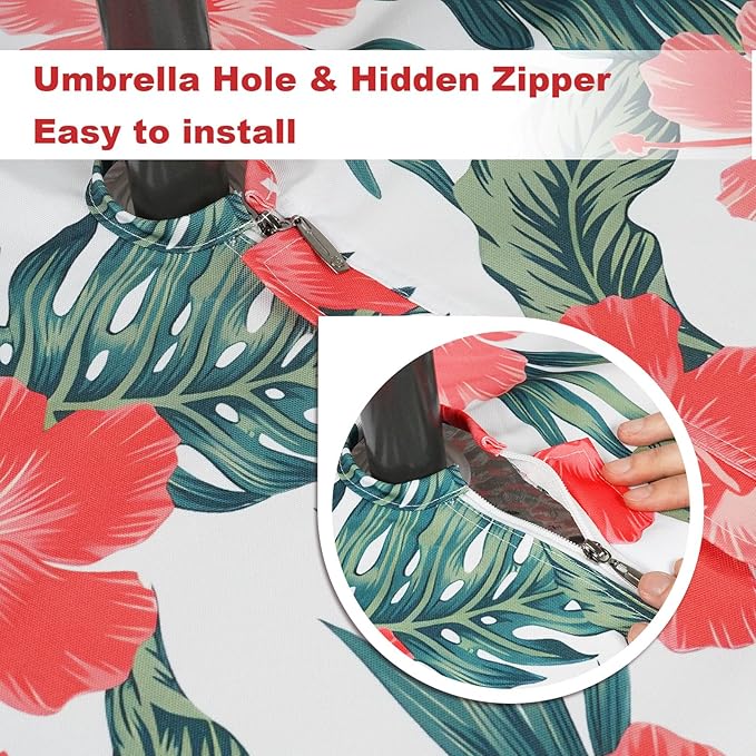 SquarePie Round Outdoor Talecloth, 60'' Waterproof Spill Proof Patio Table Cloth Cover with Umbrella Hole and Zipper for Spring Summer Party Picnic,Palm Leaf Red Flower
