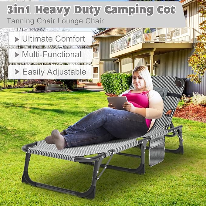 ABORON Folding Camping Cot W/Mat for Adults, Adjustable Heavy Duty Outdoor Bed,1200 D Layer Oxford Travel Camp Cots