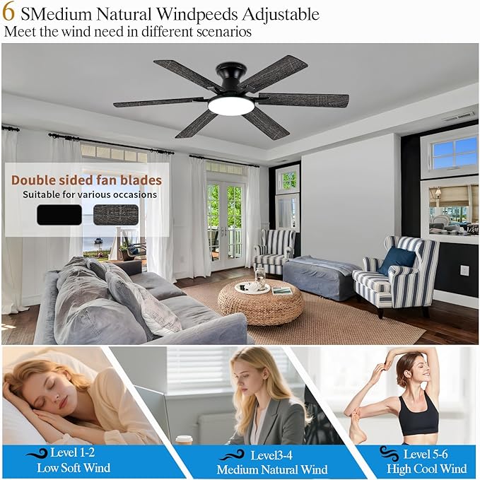 Ceiling Fans with Lights,54 Inch Low Profile Ceiling Fan with Light and Remote Control,6 Speeds/6 Blade,Flush Mount,LED Dimmable DC Reversible Modern, Black Ceiling Fan for Bedroom/Living Room