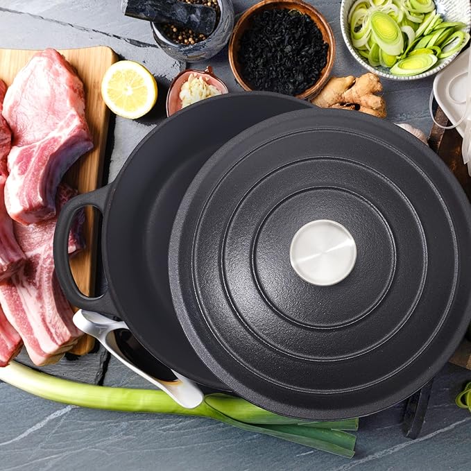 6 Quart Dutch Oven Enameled Cast Iron with Lid - Big Dual Handles - Oven Safe up to 500°F - Classic Round Pot for Versatile Cooking (Matte Black(No Enameled), 6 QT)