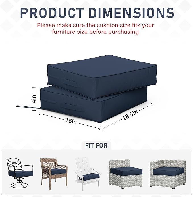 Patio Chair Cushions 18.5 X 16 X 4 Inch Waterproof Outdoor Seat Cushions for Patio Furniture, Outdoor Sofa Couch Pads with Ties & Handle, Set of 2, Navy Blue