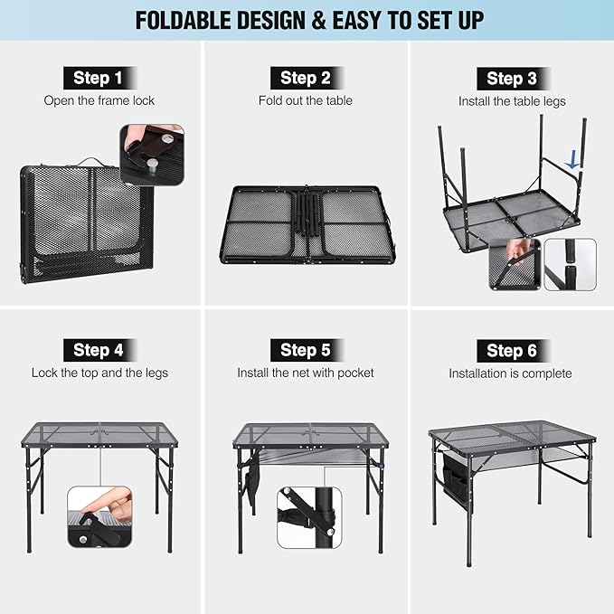 RedSwing Folding Grill Table,Aluminum Portable Grill Stand Table for Outdoor Camping Picnic BBQ Lightweight, Adjustable Height, 36''x24''x16/28'', Black