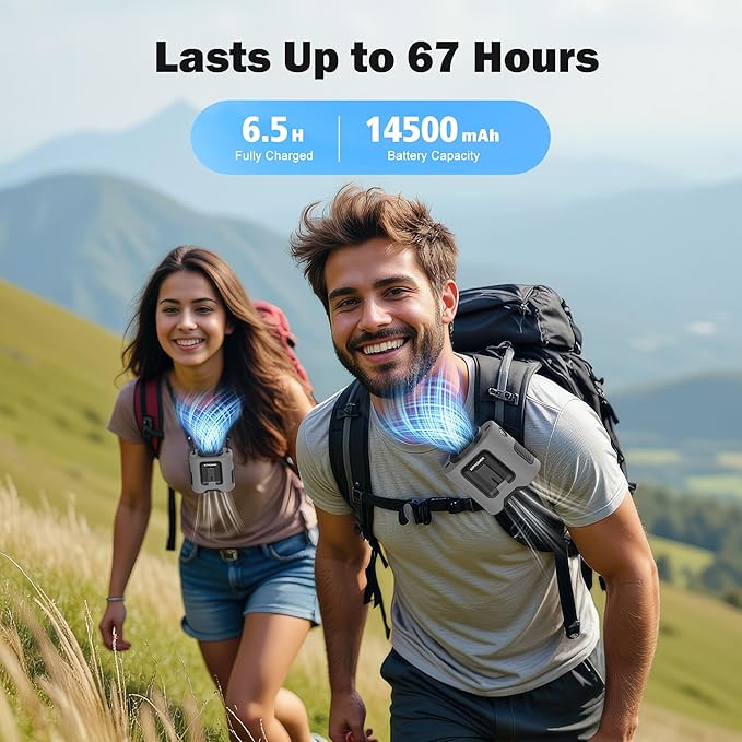 KITWLEMEN 14500mAh Portable Waist Fan - Personal Clip on Belt Fan, 5 Speed 67H Cooling, Rechargeable Battery Operated, Wearable with Lanyard & Light for Camping, Travel, Jobsite (Gray)