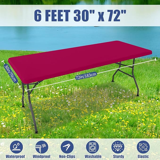 Spandex Picnic Table Cloth 2 Pack, Elastic Fitted Tablecloths for 6 Foot Rectangle Tables, Stretch Washable Patio Table Cover for Outdoor, Camping, Banquet and Parties (Fuchsia, 30"x72")