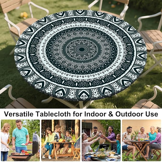 Round Tablecloth Fitted Elastic Table Cover Waterproof Table Cloth for Dinner, Party, Picnic,Camping, Round Table Cover for Indoor Outdoor