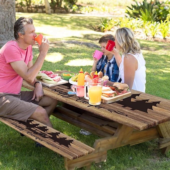 Picnic Table Cover with Bench Covers Elastic Edges, Wooden Camper Fitted Table Cover, Outdoor Patio Camping Essentials 72 Inch 3PCS, Waterproof Camping Fitted Tablecloth with Drawstring Bag