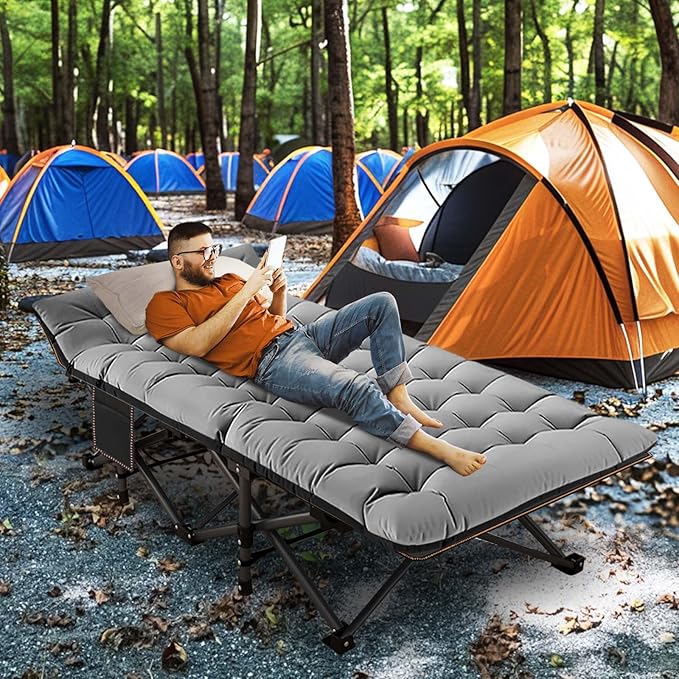 LILYPELLE Folding Camping Cot, Extra Wide Heavy Duty Sleeping Cots with Carry Bag, Double Layer Oxford Portable Travel Camp Cots for Home, Office Nap and Outdoor Beach