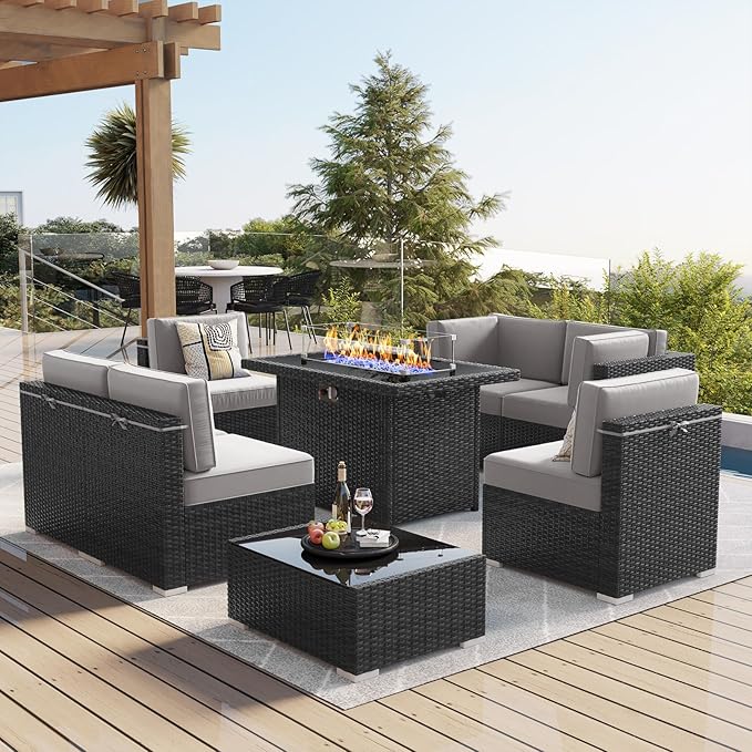 LayinSun 8 Piece Patio Furniture Set with 44" Propane Gas Fire Pit Table, Outdoor Sectional Conversation Set Wicker Rattan Sofa Set with Coffee Table