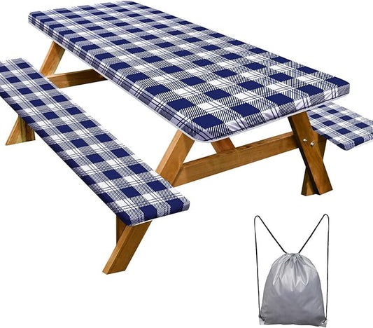 Picnic Table Cover with Bench Covers Camping Essentials Waterproof Windproof Camping Tablecloth with Drawstring Bag, Fitted Rectangle Tables and Seats, 96in, Blue Checkered