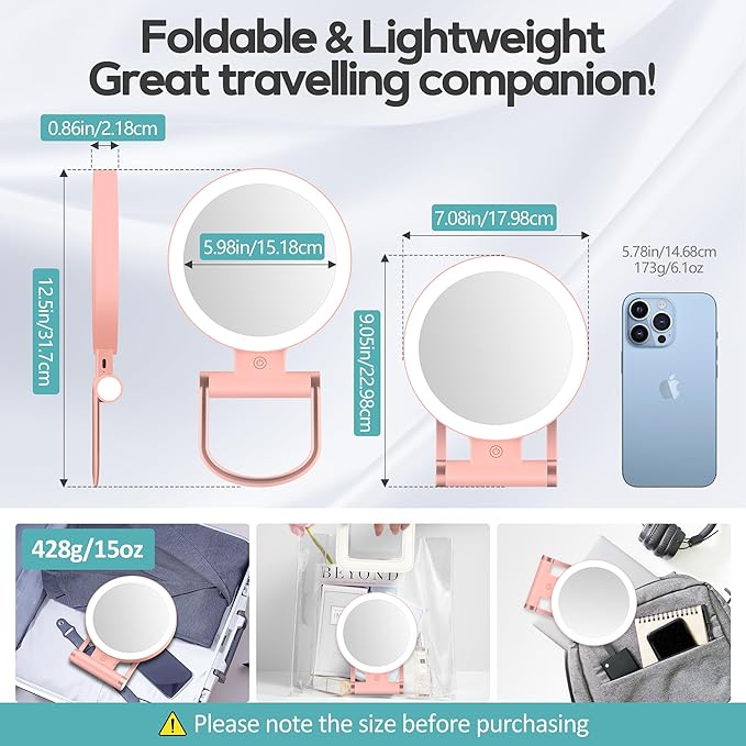 B Beauty Planet Magnifying Mirror with Light 30X, Double-Sided 1X/30X Magnifying Makeup Mirror with Tweezer, 2000mAh 3 Colour Modes with Adjustable Brightness,Foldable Compact Travel Mirror(Rose Gold)