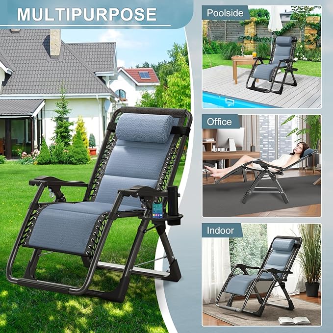 ABORON Zero Gravity Chair,Premium Outdoor Lawn Folding Lounge Chairs,Sturdy Adjustable Reclining Patio Chairs with Built in Cushion,Headrest & Tray