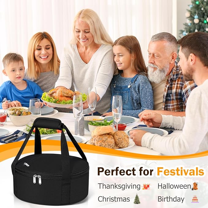 Round Insulated Casserole Carrier, Pie Carrier Bag, Portable Casserole Carrier for Hot or Cold Food Lunch Tote, Lunch Bag for Parties Picnic, Fits 12.5" Baking Dish, Black