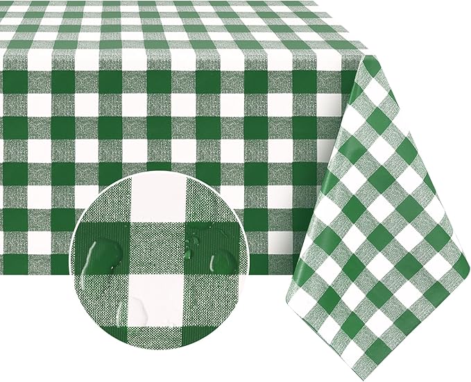 Romanstile Square Vinyl PVC Tablecloth, 100% Waterproof Buffalo Plaid Plastic Table Cloth, Oil Proof Heavy Duty Wipeable Table Covers for Dining/Camping/Picnic/Outdoor - 60 x 60, Green and White