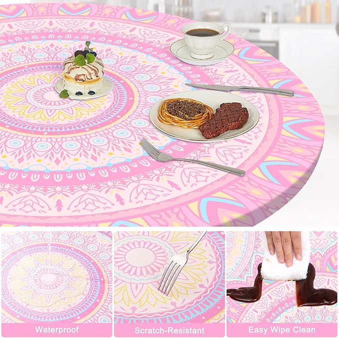 Round Tablecloth Fitted Elastic Table Cover Waterproof Table Cloth for Dinner, Party, Picnic,Camping, Round Table Cover for Indoor Outdoor