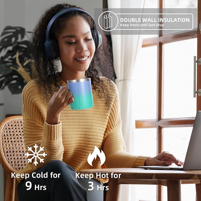 Volhoply 12oz Insulated Leakproof Coffee Mug with Flip & Straw Lid,Double Wall Vacuum Stainless Steel Travel Tumbler Cup with Handle,Reusable Camping Mugs Keep Cold/Hot(Purple Green,1 Set)