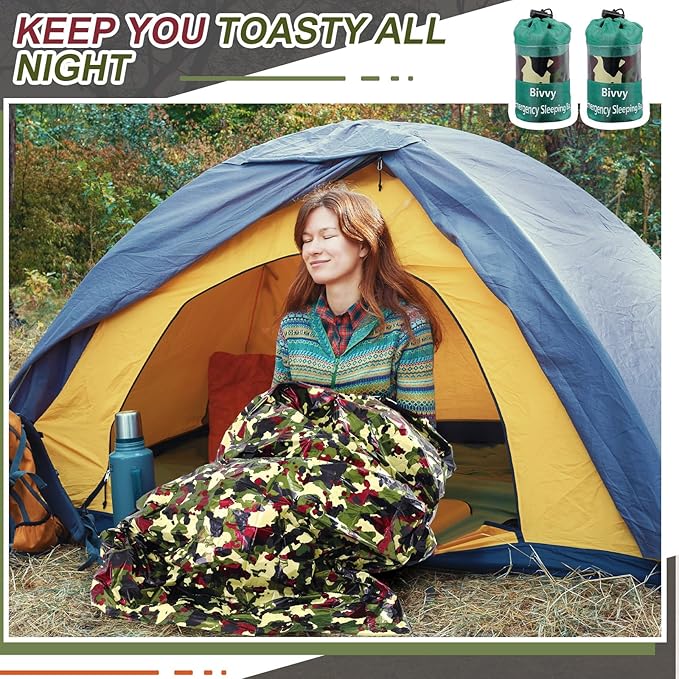 Preboun 20 Pcs Emergency Sleeping Bag Portable Lightweight Survival Bag Thermal Bivy Sack Waterproof Emergency Blanket Survival Gear for Outdoor Camping Hiking Homeless People Shelter (Camouflage)