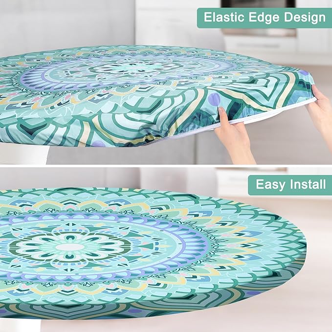 Round Tablecloth Fitted Elastic Table Cover Waterproof Table Cloth for Dinner, Party, Picnic,Camping, Round Table Cover for Indoor Outdoor