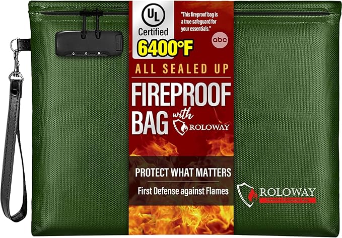 ROLOWAY Fireproof Document Bag (14.5 x 11.5 inch), 6400℉ Fireproof Money Bag with Zipper for Cash, Fire Safe Money Pouch with Lock (Green)