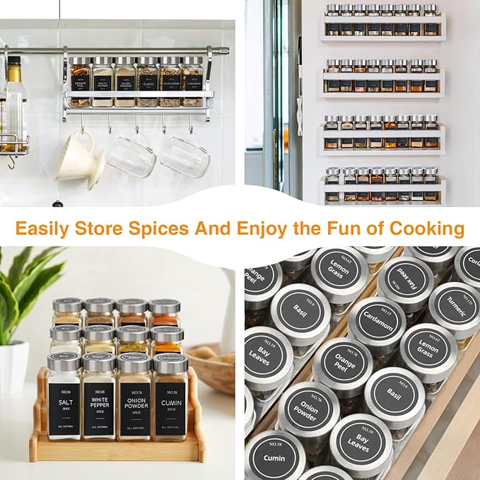 6 Pcs Glass Spice Jars with Label, 4oz Spice Jars with Lids, Seasoning containers Set, Comes with spice bottle caps, Silicone Collapsible Funnel,chalk, for Spice Rack, Cabinet, Drawer