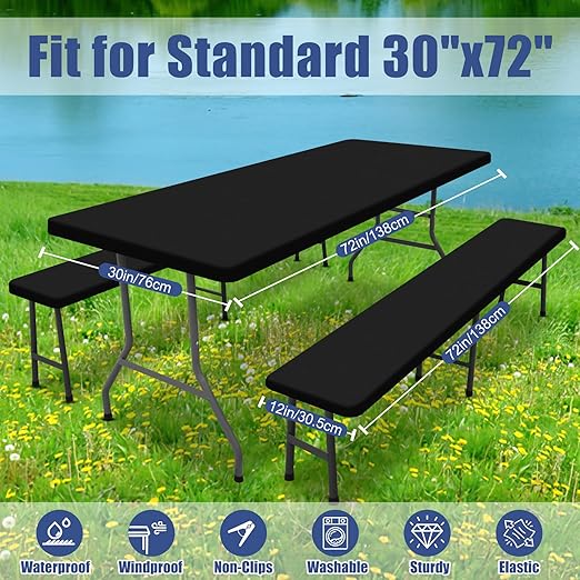 Picnic Table Cover with Bench Covers, Elastic Fitted Spandex Tablecloths for 6 Foot Rectangle Tables, Stretch Washable Patio Tablecloth for Outdoor, Camping (Black, 30"x72")