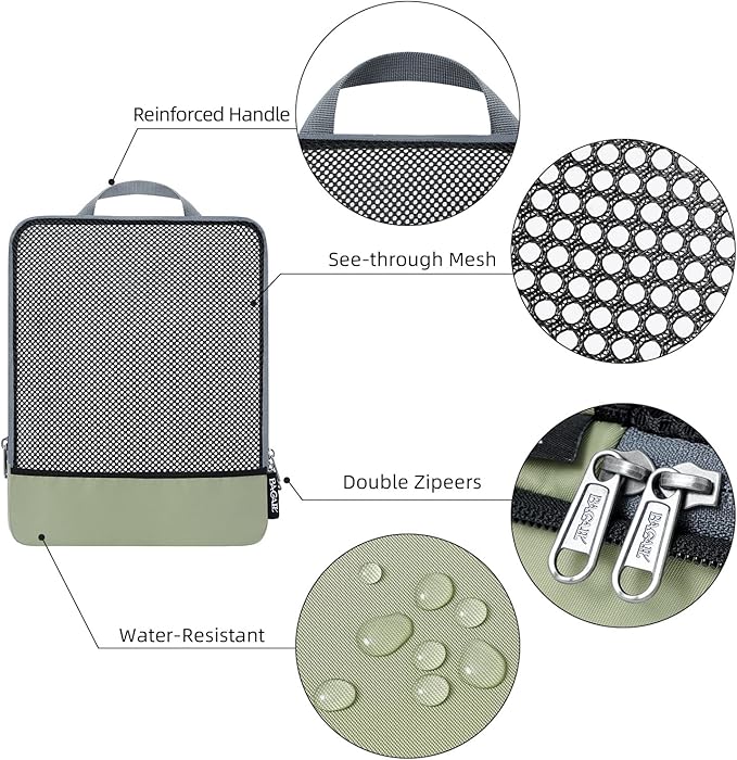 BAGAIL 4 Set/6 Set/8 Set Compression Packing Cubes Travel Accessories Expandable Packing Organizers (Half Mesh, 6-Matcha Green)