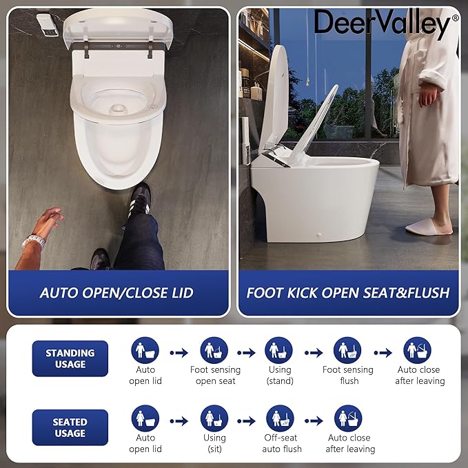 DeerValley Smart Toilet, Smart Bidet Toilet 1.28 GPF Dual Flush, Auto Open/Close Lid, ADA Chair Height and Cleaning Foam Dispenser, Heated Seat, Dryer, Night Light, Deodorization, LED Display